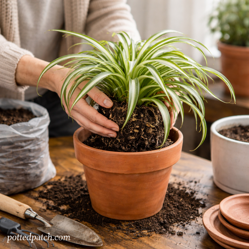 Person repotting a spider plant into a terracotta container with fresh potting soil indoors and pottedpatch.com watermark.