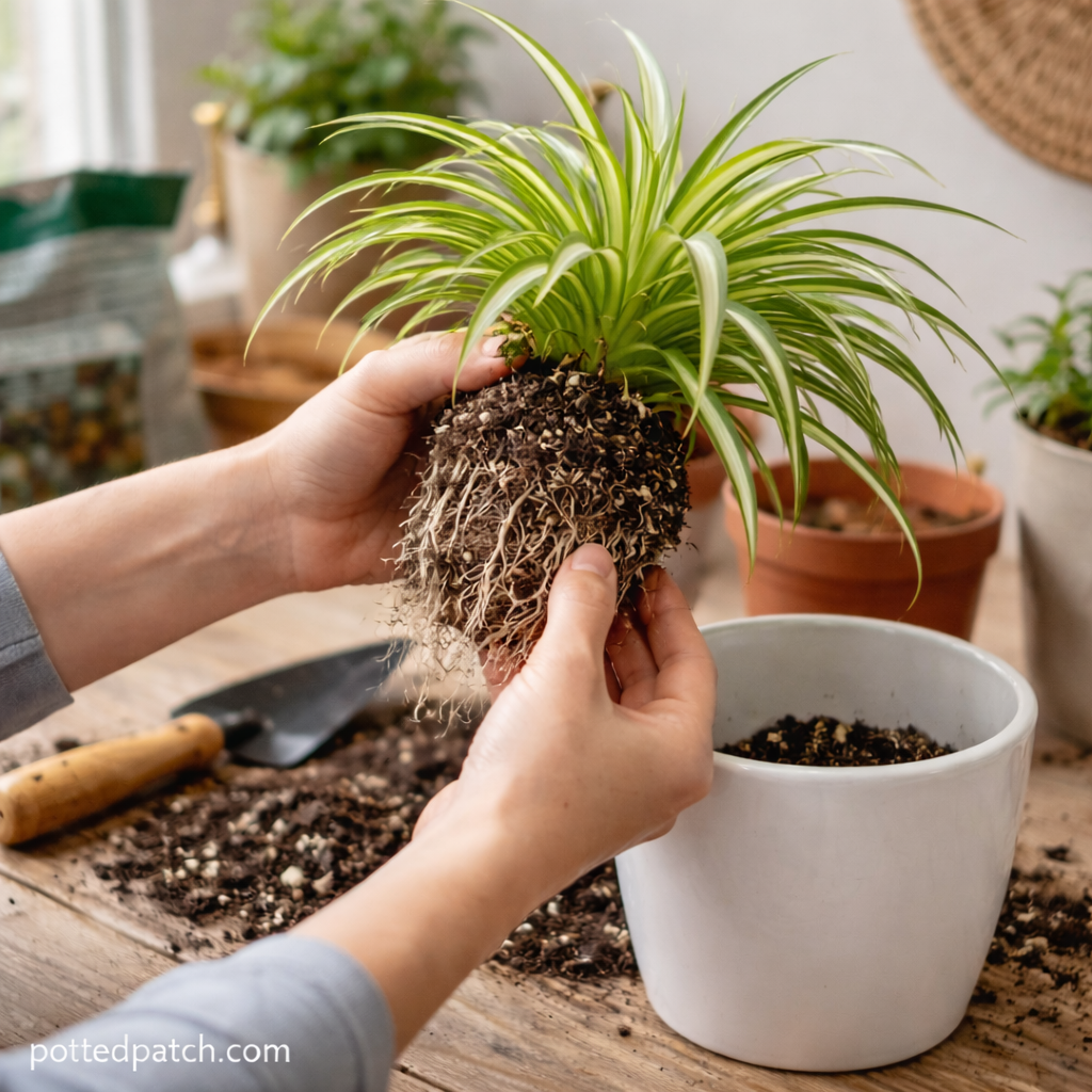 Person repotting a root-bound spider plant with exposed roots indoors on a wooden table.