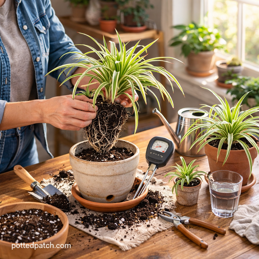 Person repotting a spider plant indoors to improve root health and encourage faster growth.