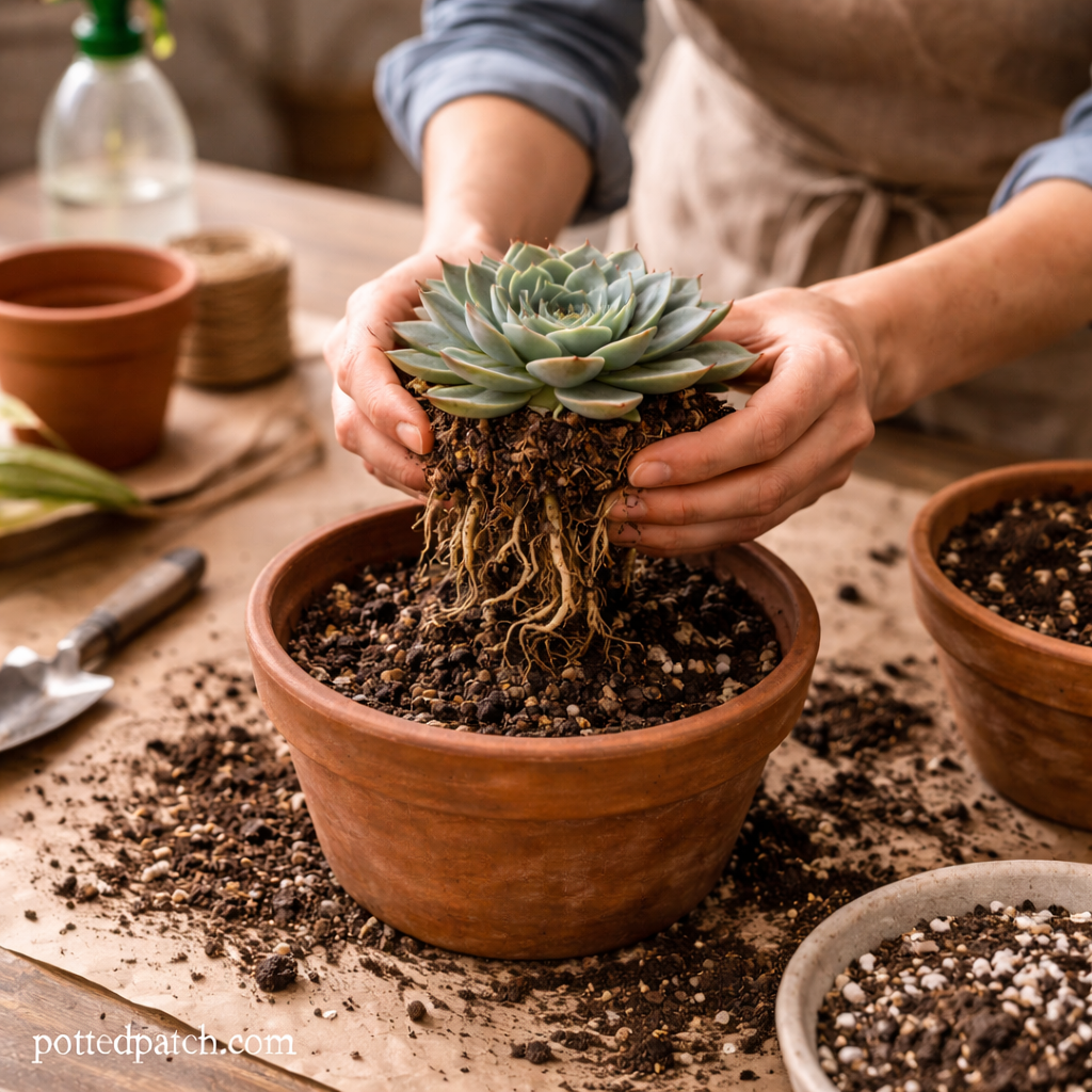 Person placing a succulent with exposed roots into a terracotta pot filled with fresh well-draining soil with pottedpatch.com watermark in the bottom left.