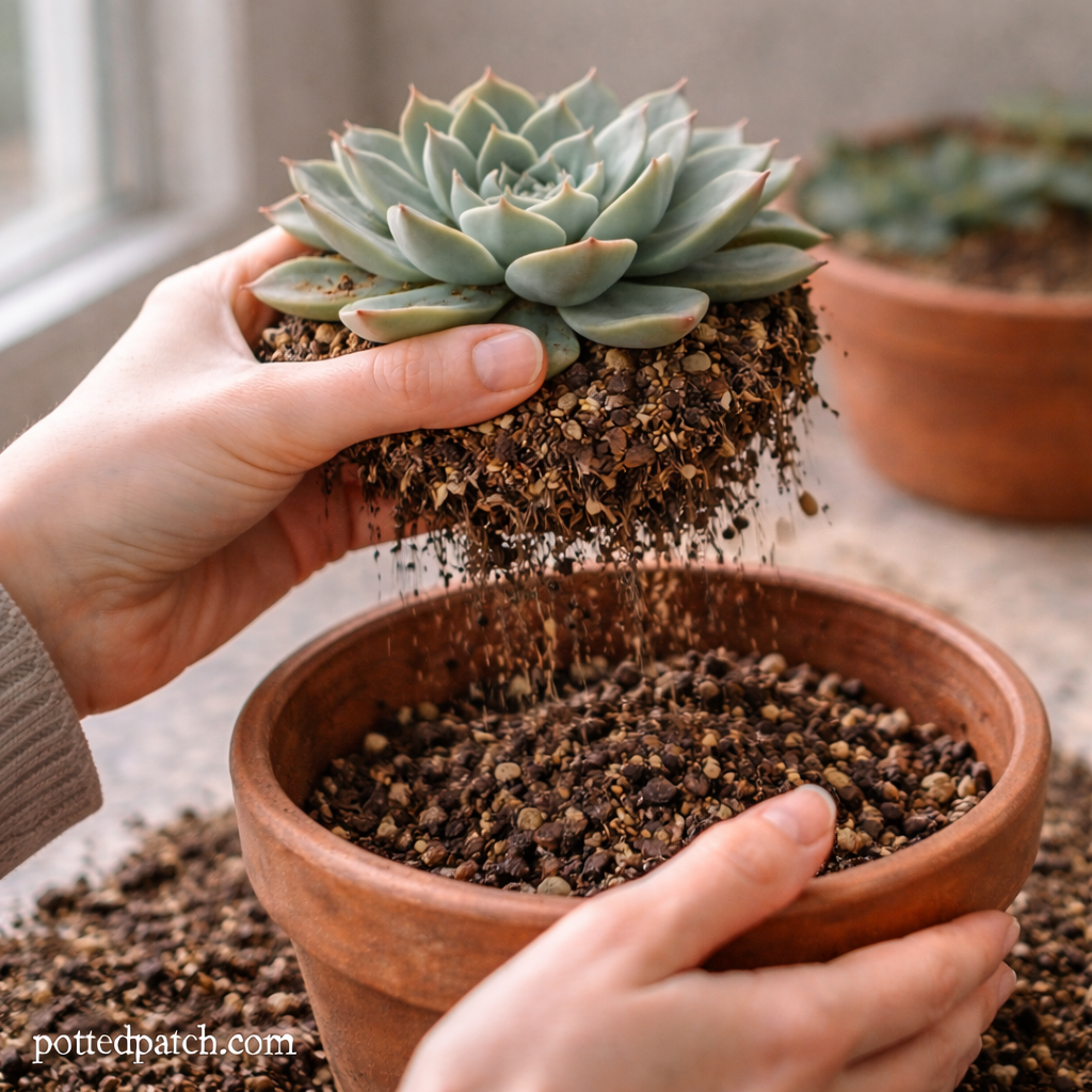 Person repotting a succulent into a terracotta pot using gritty, fast-draining soil with pottedpatch.com watermark in the bottom left.