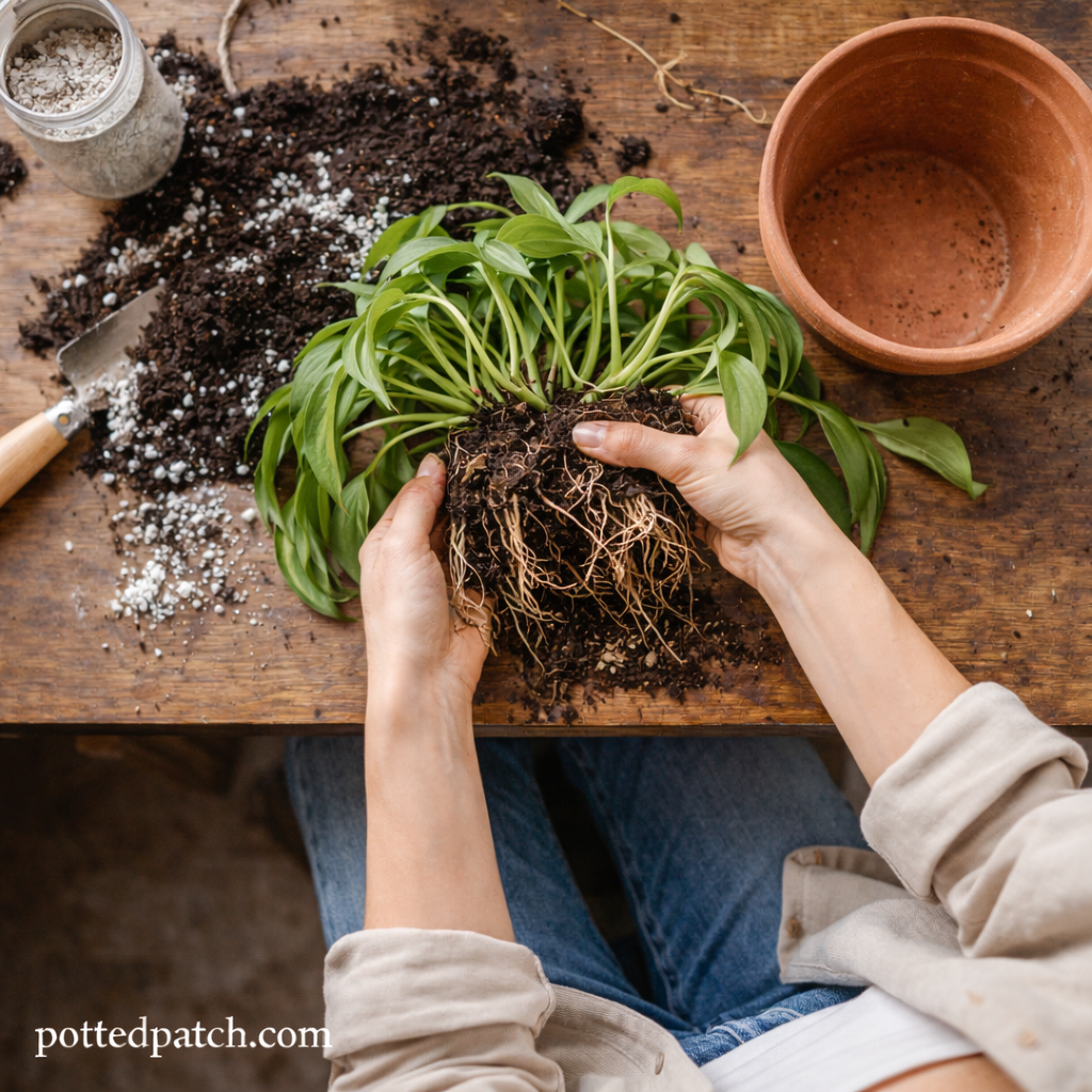 Top-down view of person inspecting pothos roots while repotting with fresh soil and perlite on a wooden table, pottedpatch.com watermark.