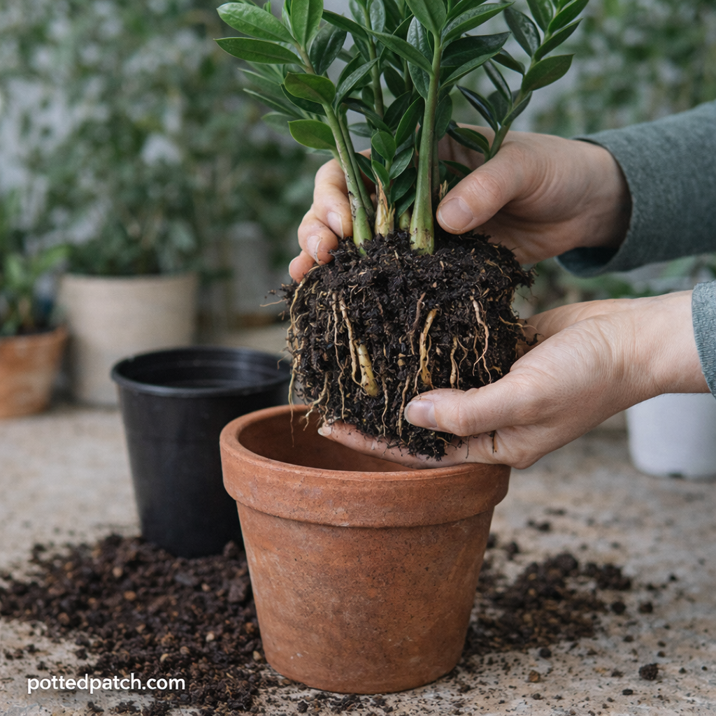 Person repotting a ZZ plant into a terracotta pot with exposed root ball visible.