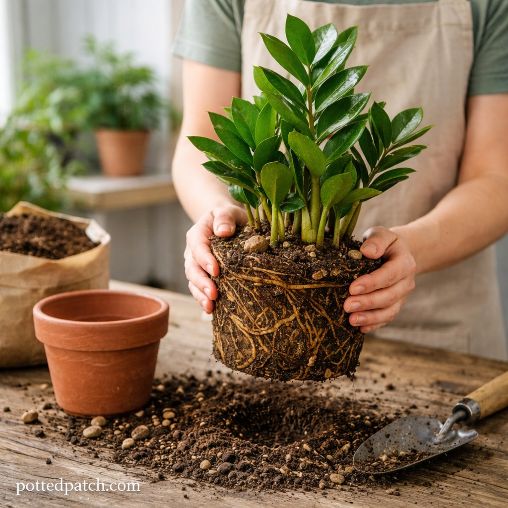 Person repotting a ZZ plant to prevent root bound issues by loosening roots and preparing a larger pot.