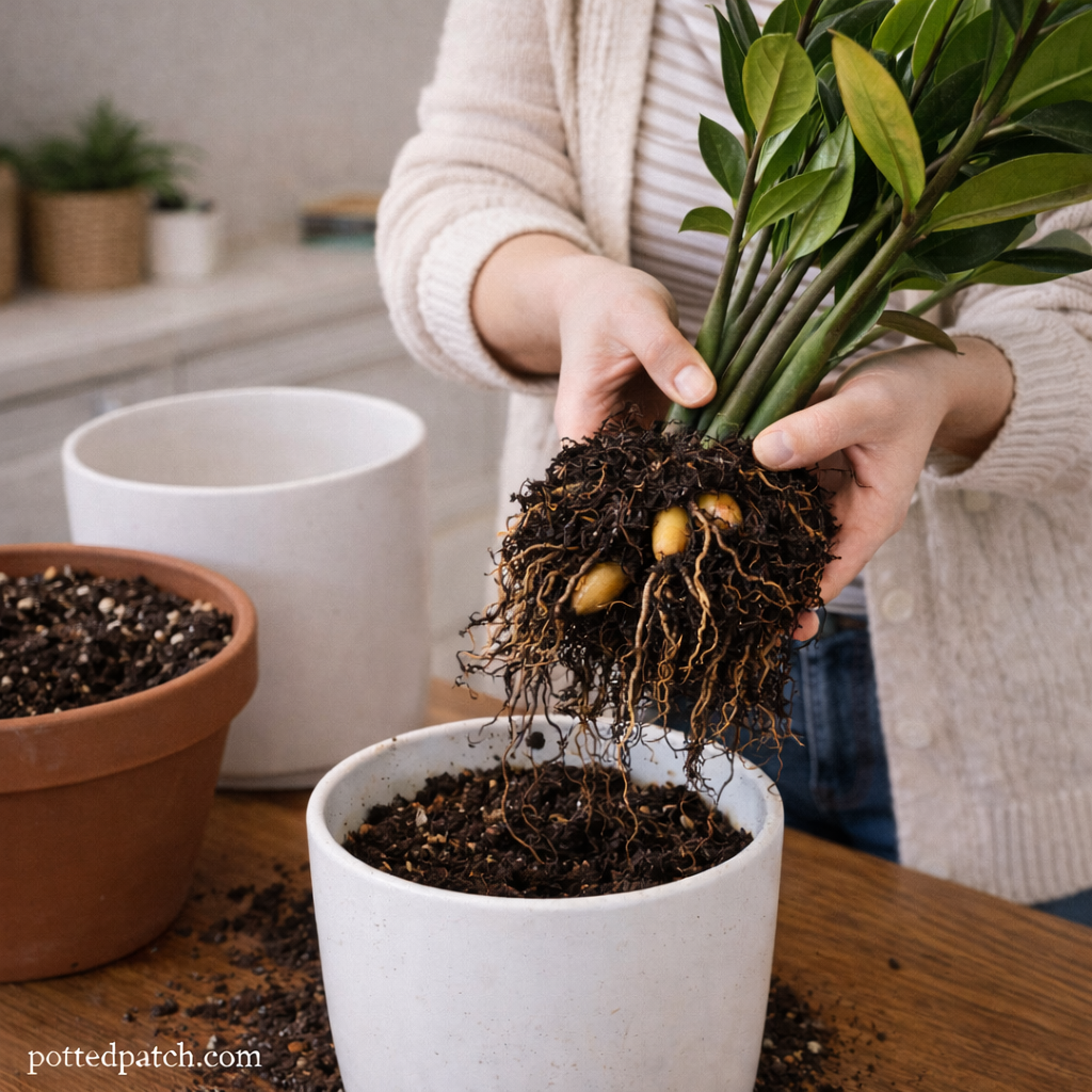 Person lifting a ZZ plant out of its pot to inspect roots and rhizomes during repotting with pottedpatch.com watermark.