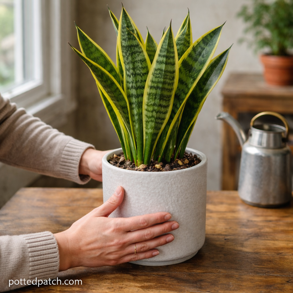 Person gently rotating a potted snake plant near a window to encourage even light exposure and balanced growth.