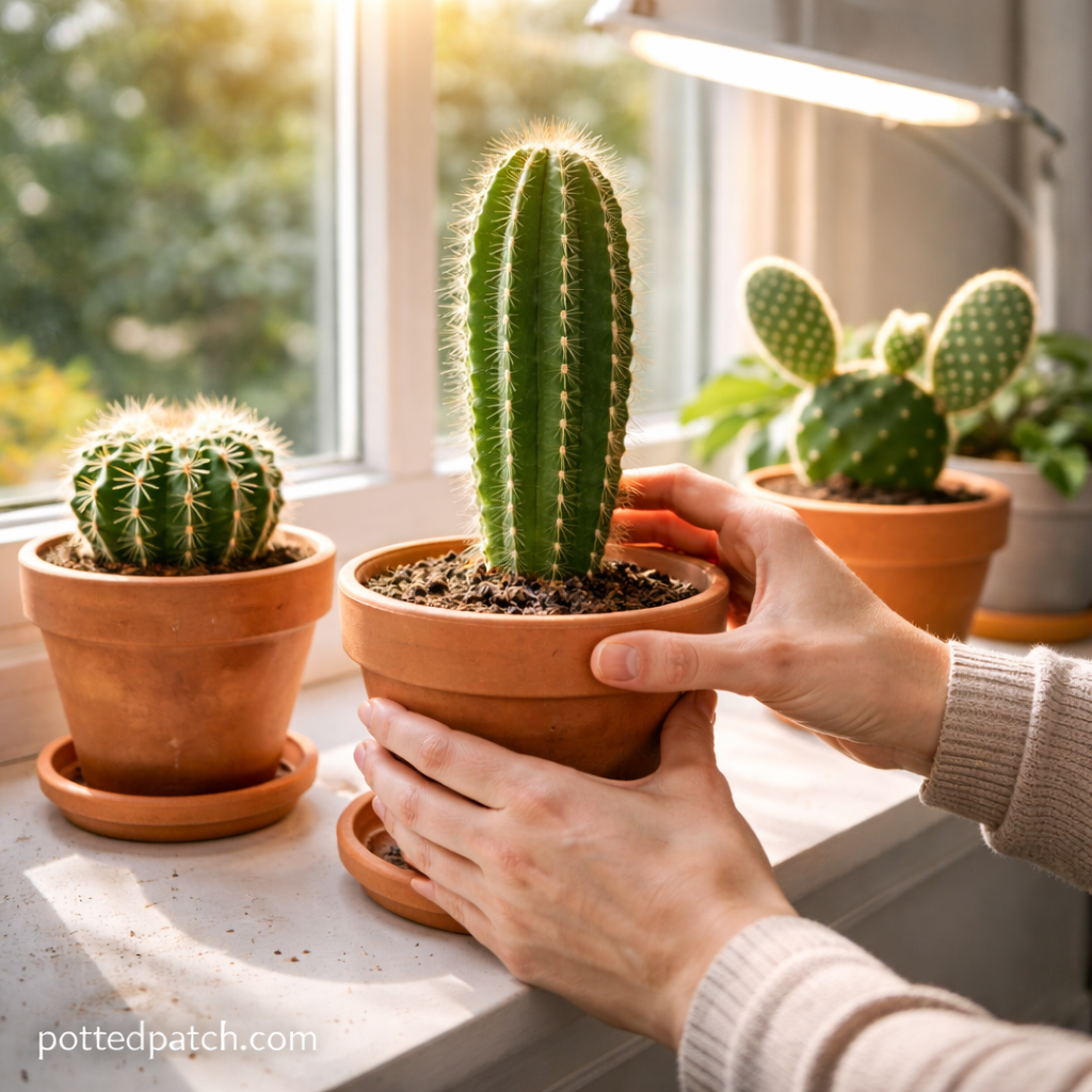 Person rotating an indoor cactus in a terracotta pot to ensure even light exposure near a sunny window.