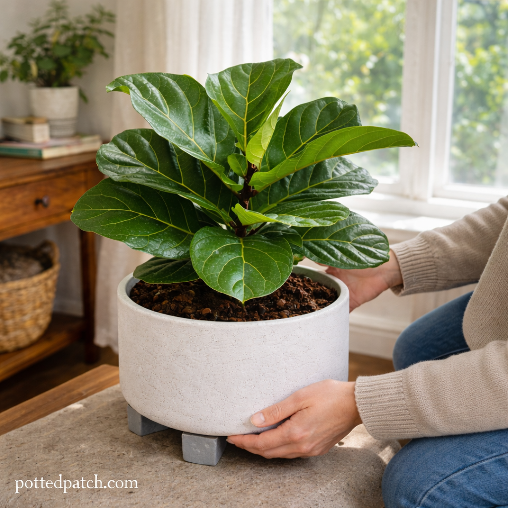 Person rotating a fiddle leaf fig near a bright window to improve light exposure with pottedpatch.com watermark.