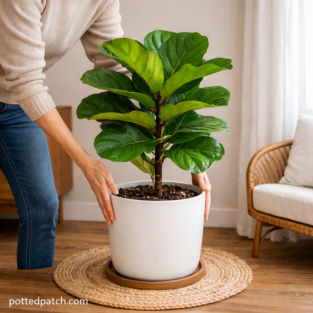 Person gently rotating a potted fiddle leaf fig indoors to encourage even growth with pottedpatch.com watermark.