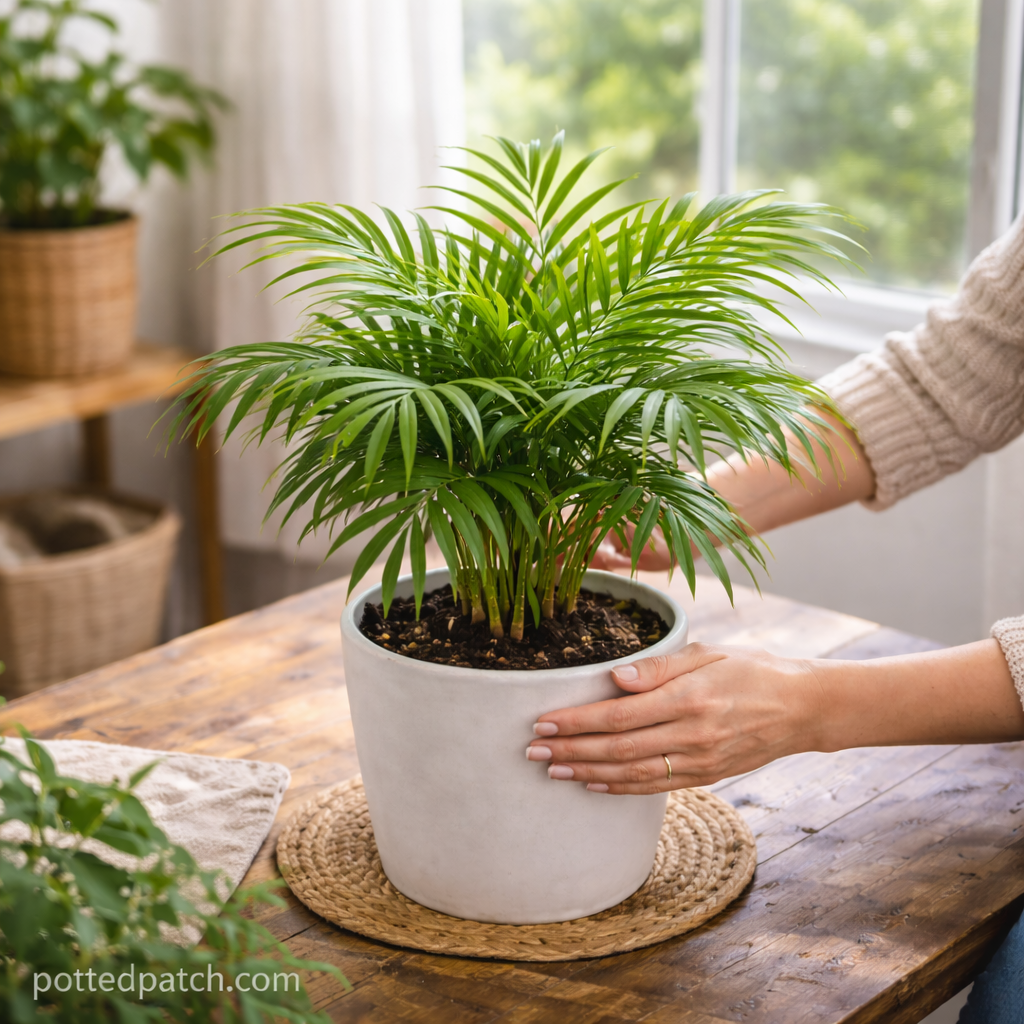 Person rotating a Parlor Palm near a bright window to ensure even light exposure.