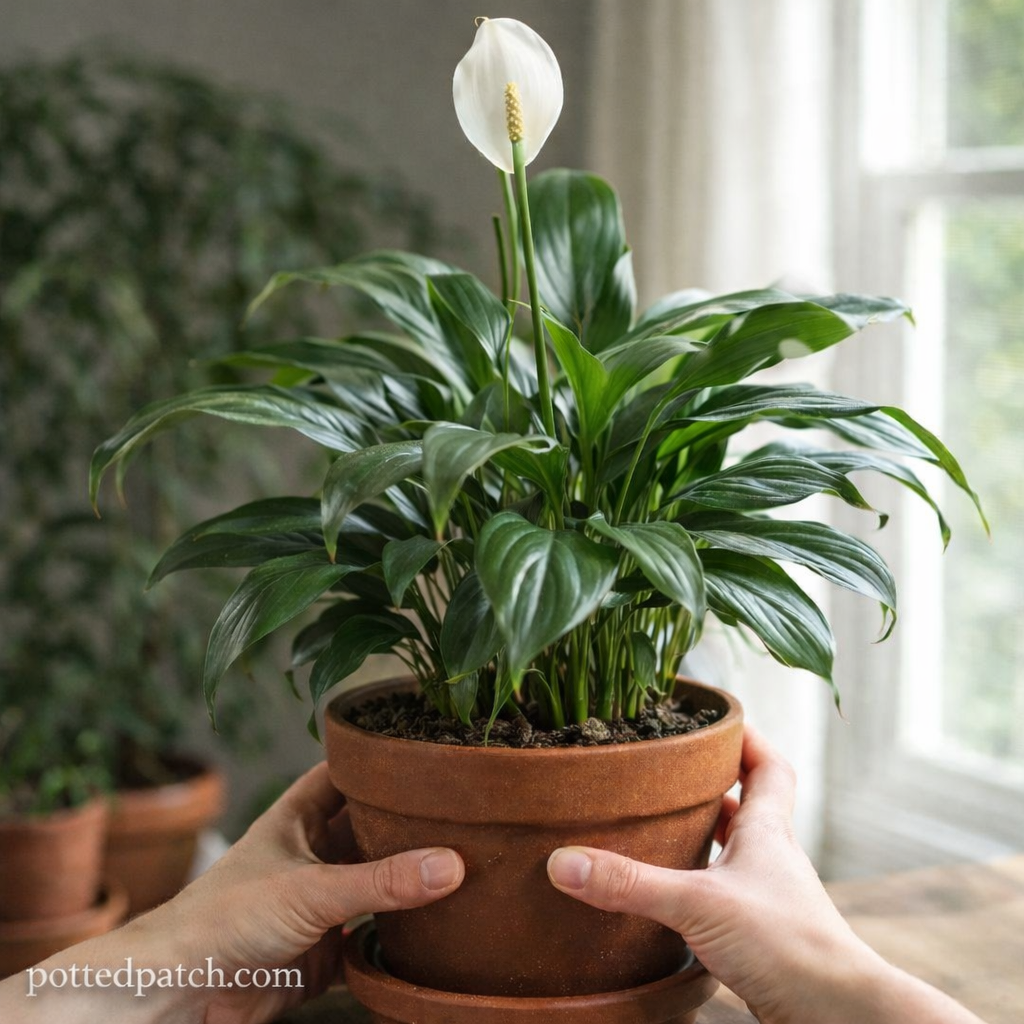 Hands gently rotating a potted peace lily near a bright window to encourage even growth, with pottedpatch.com watermark.