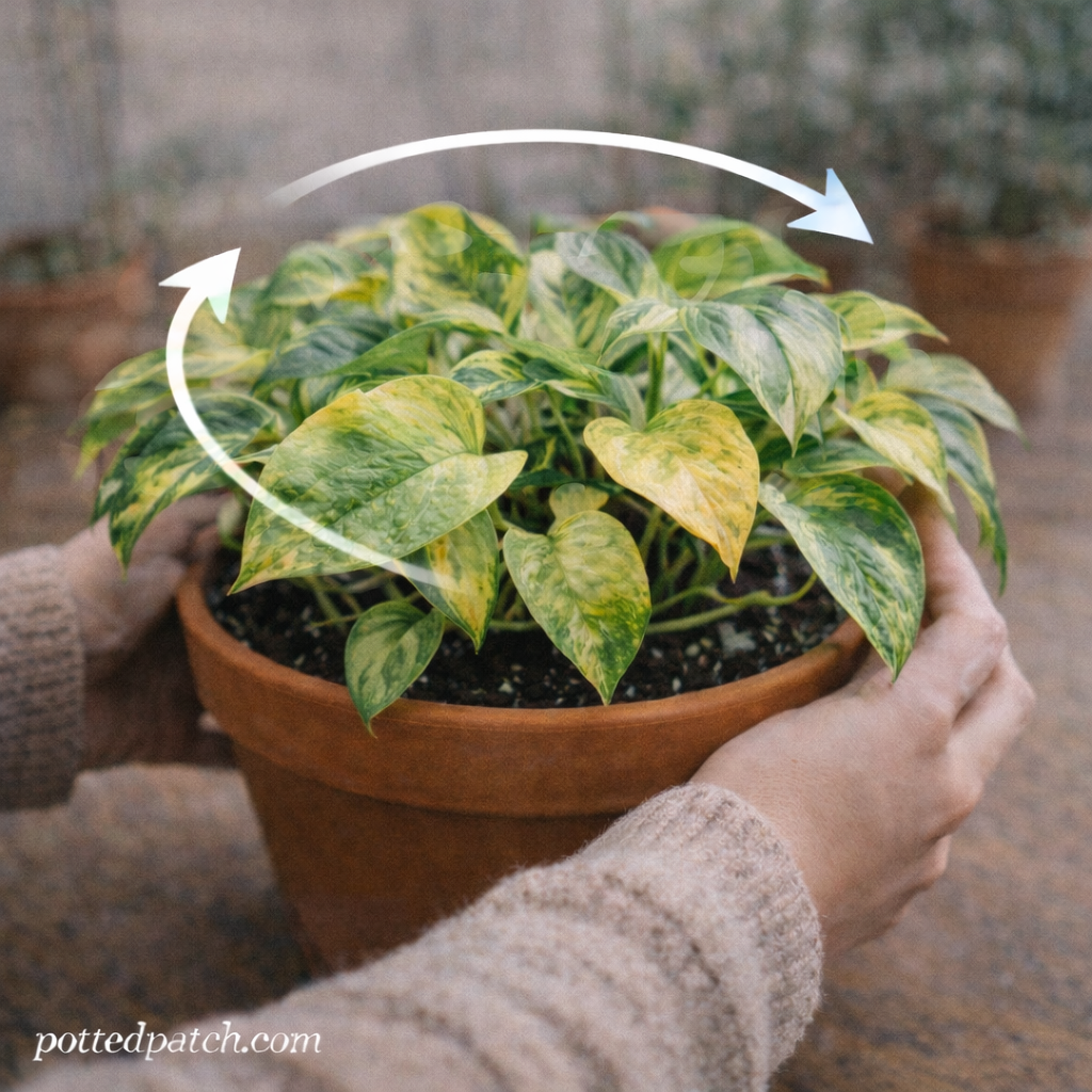 Person gently rotating a potted pothos plant to help distribute light evenly and prevent uneven growth.