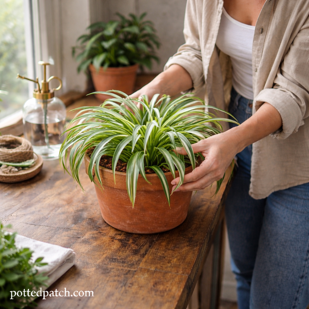 Person rotating a spider plant in a terracotta pot near a bright window with natural sunlight, pottedpatch.com watermark.
