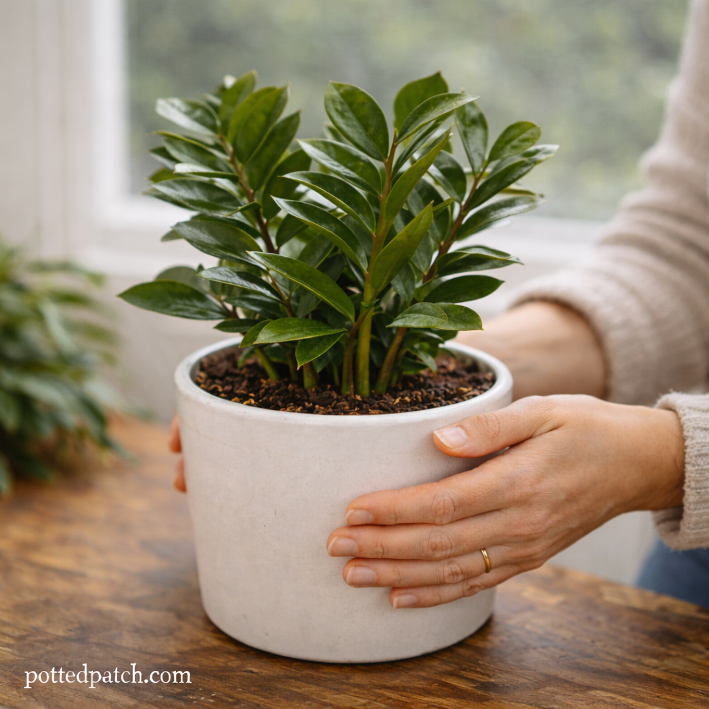 Person gently rotating a ZZ plant in a white ceramic pot indoors with pottedpatch.com watermark.