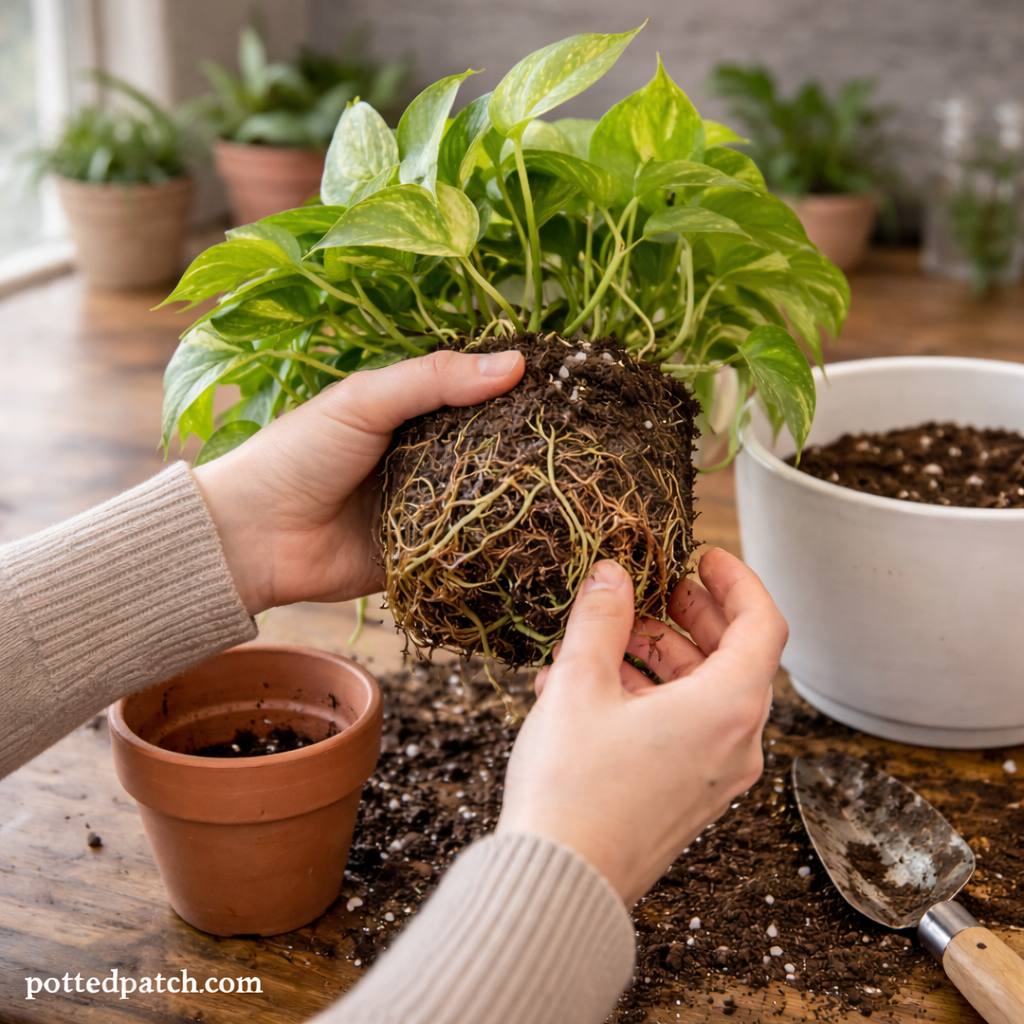 Person gently holding a houseplant root ball while repotting it into a larger container with fresh soil.