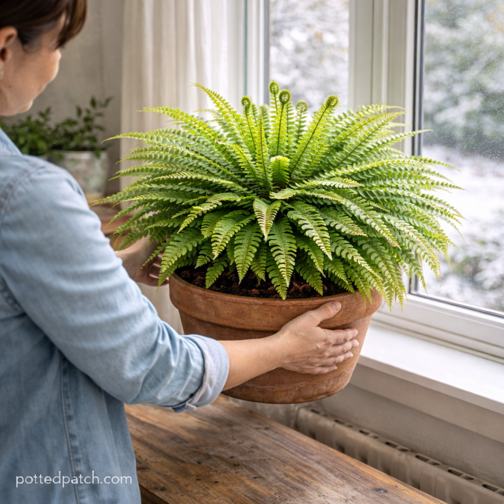 Person moving a Boston fern closer to a bright window during winter to increase indirect light exposure.