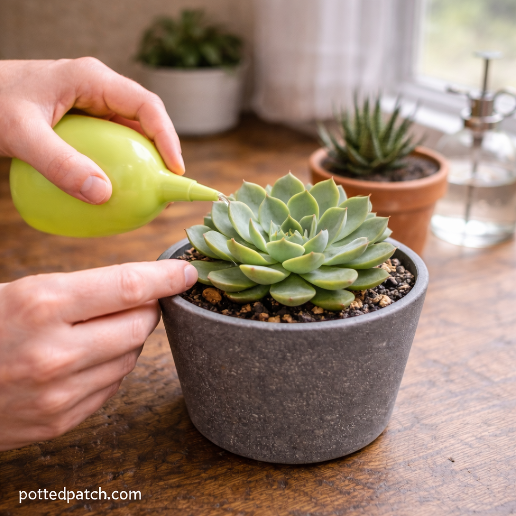 Person watering a healthy potted succulent near a bright window to maintain year round plant health with pottedpatch.com watermark.