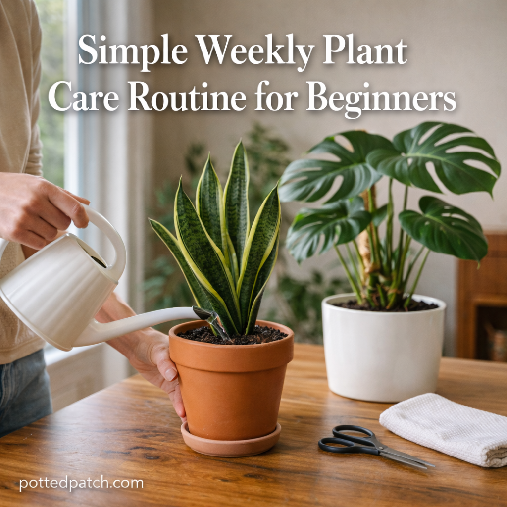 Beginner watering a houseplant during a simple weekly plant care routine indoors.