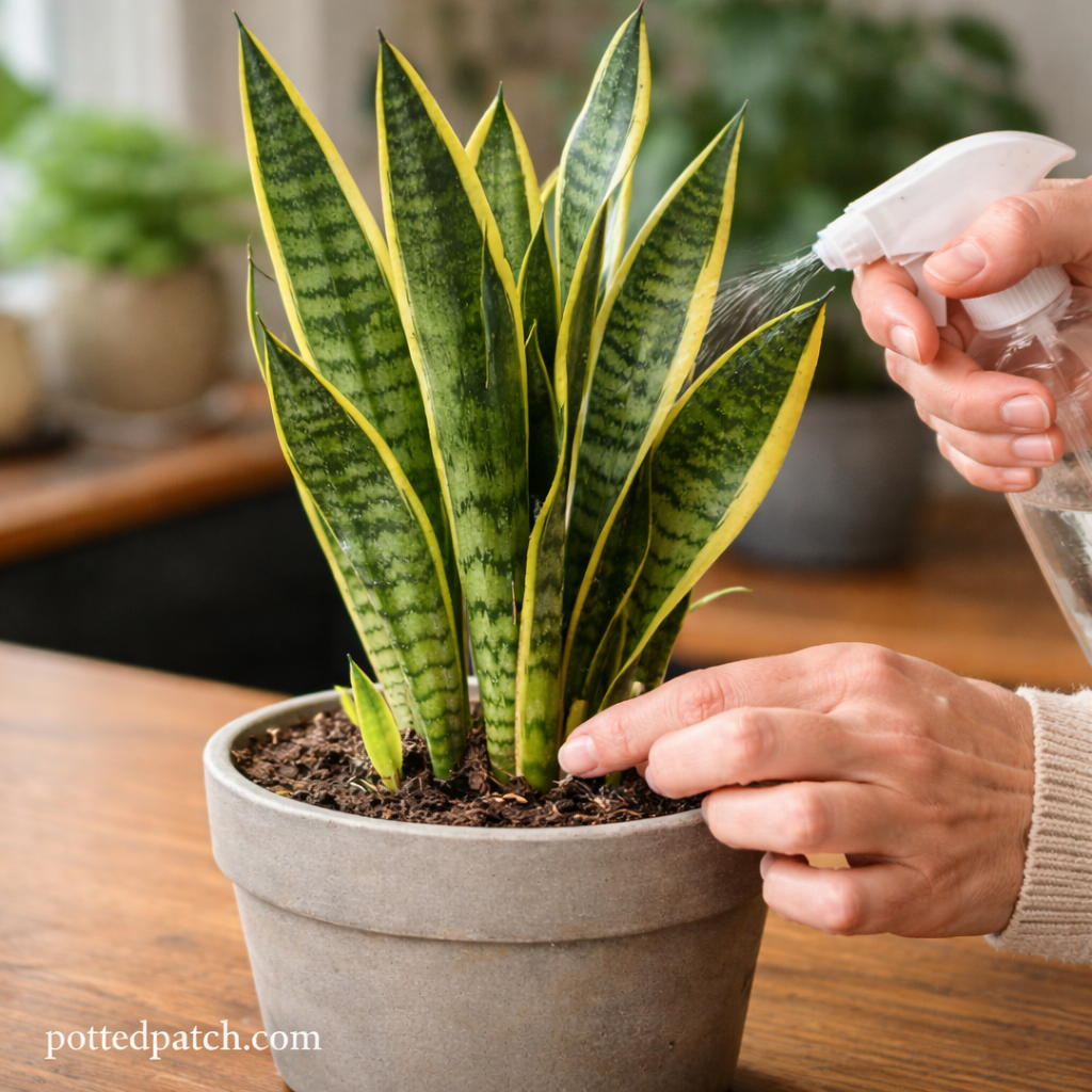 Person checking soil and lightly misting a potted snake plant indoors with pottedpatch.com watermark in the bottom left corner.