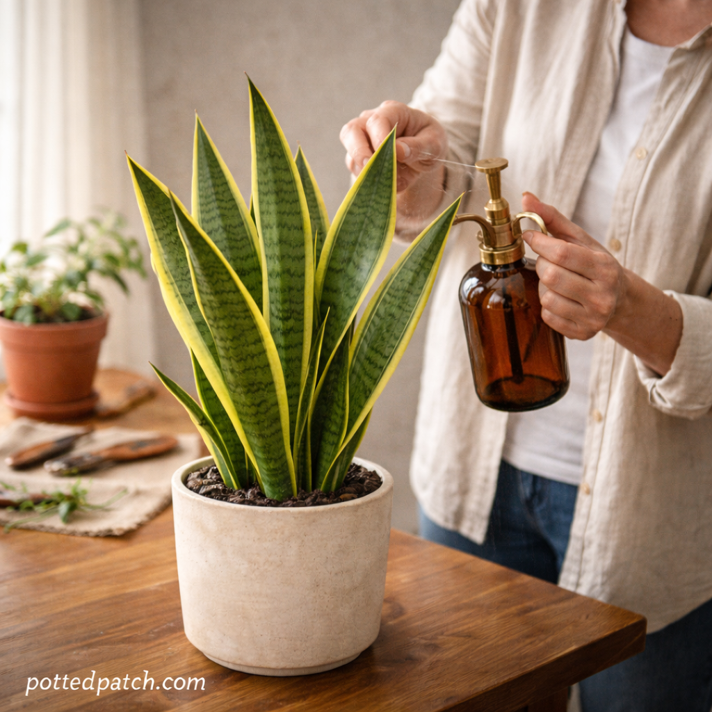 Person misting a snake plant indoors while performing gentle plant care in a well-lit home.