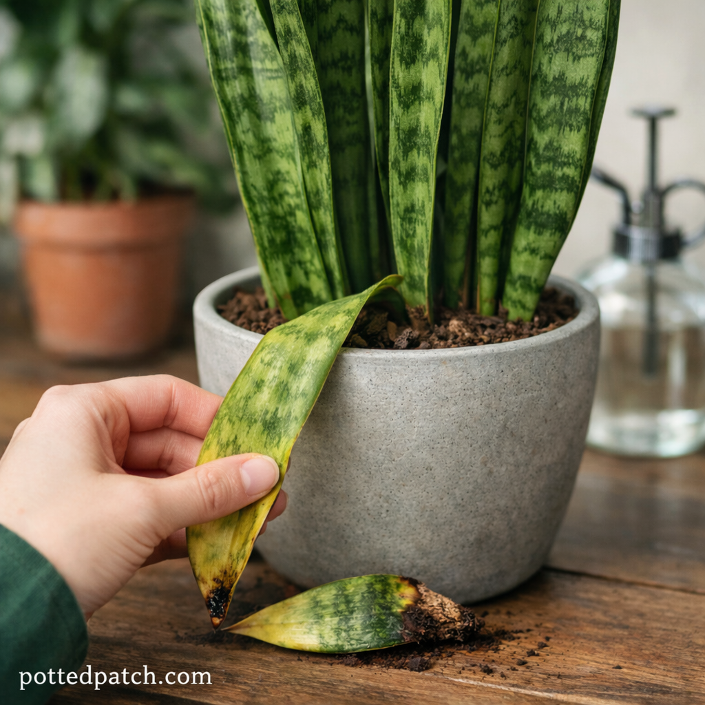 Person gently inspecting a drooping yellow snake plant leaf in a gray pot indoors.