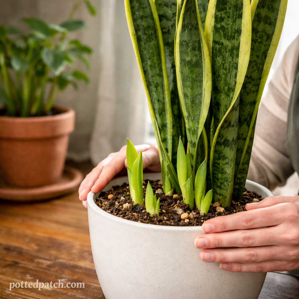 Person gently inspecting new snake plant shoots while repotting in well-draining soil indoors.