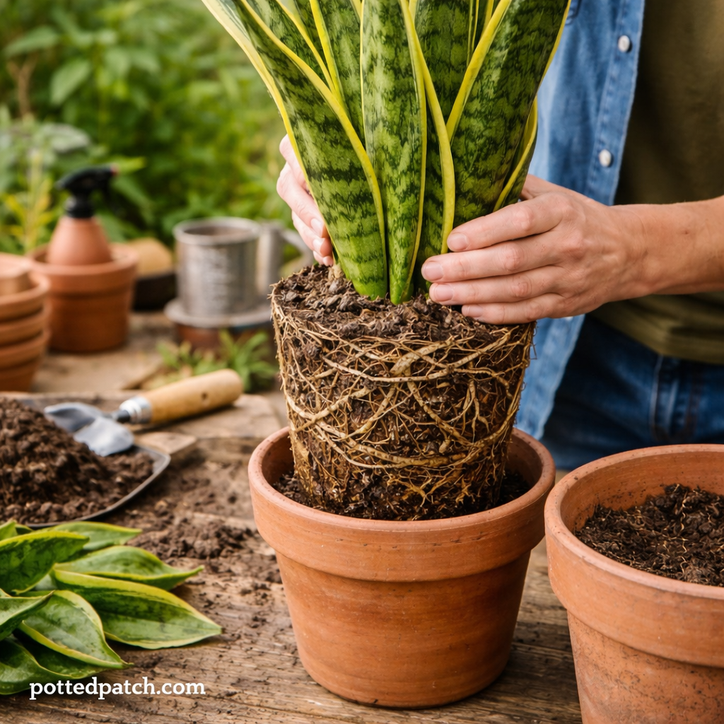 Person gently lifting a snake plant from its pot to inspect roots and prevent root bound issues.