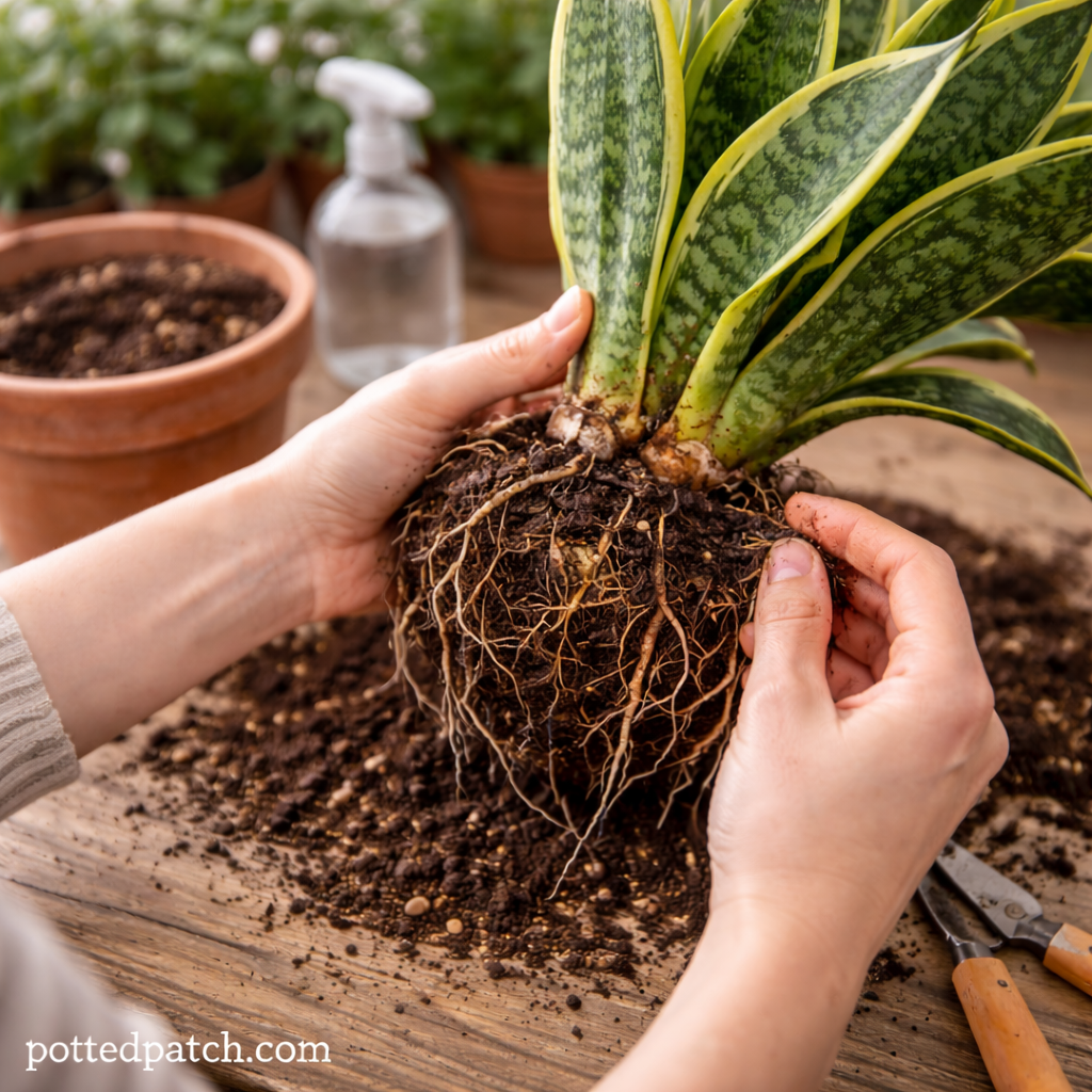 Hands inspecting snake plant roots after removing it from the pot to check for rot.