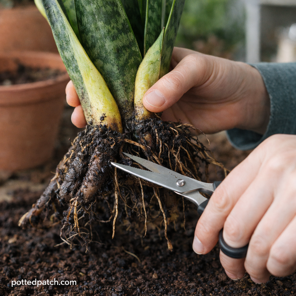 Person trimming rotted roots from a snake plant during repotting.