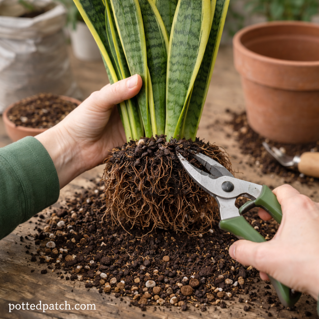Person trimming damaged roots of a snake plant during repotting to fix leaf drop.