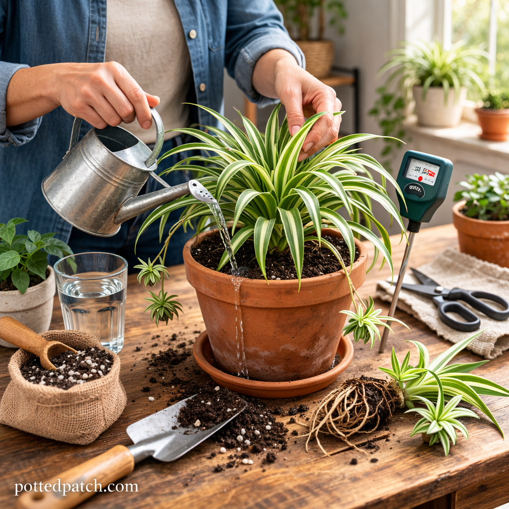 Person watering and inspecting a spider plant in a terracotta pot indoors with pottedpatch.com watermark.