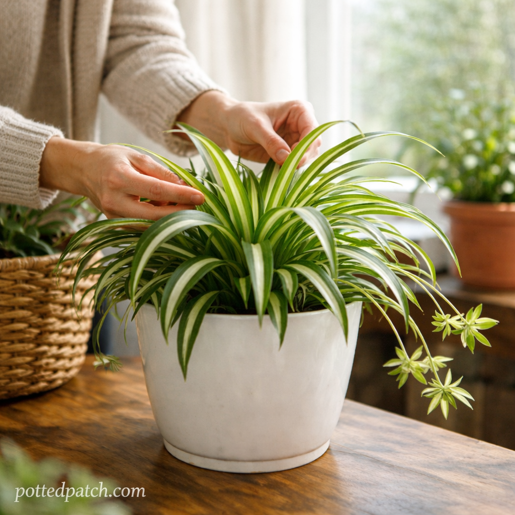 Person gently adjusting leaves of a healthy spider plant in a white pot indoors with pottedpatch.com watermark.