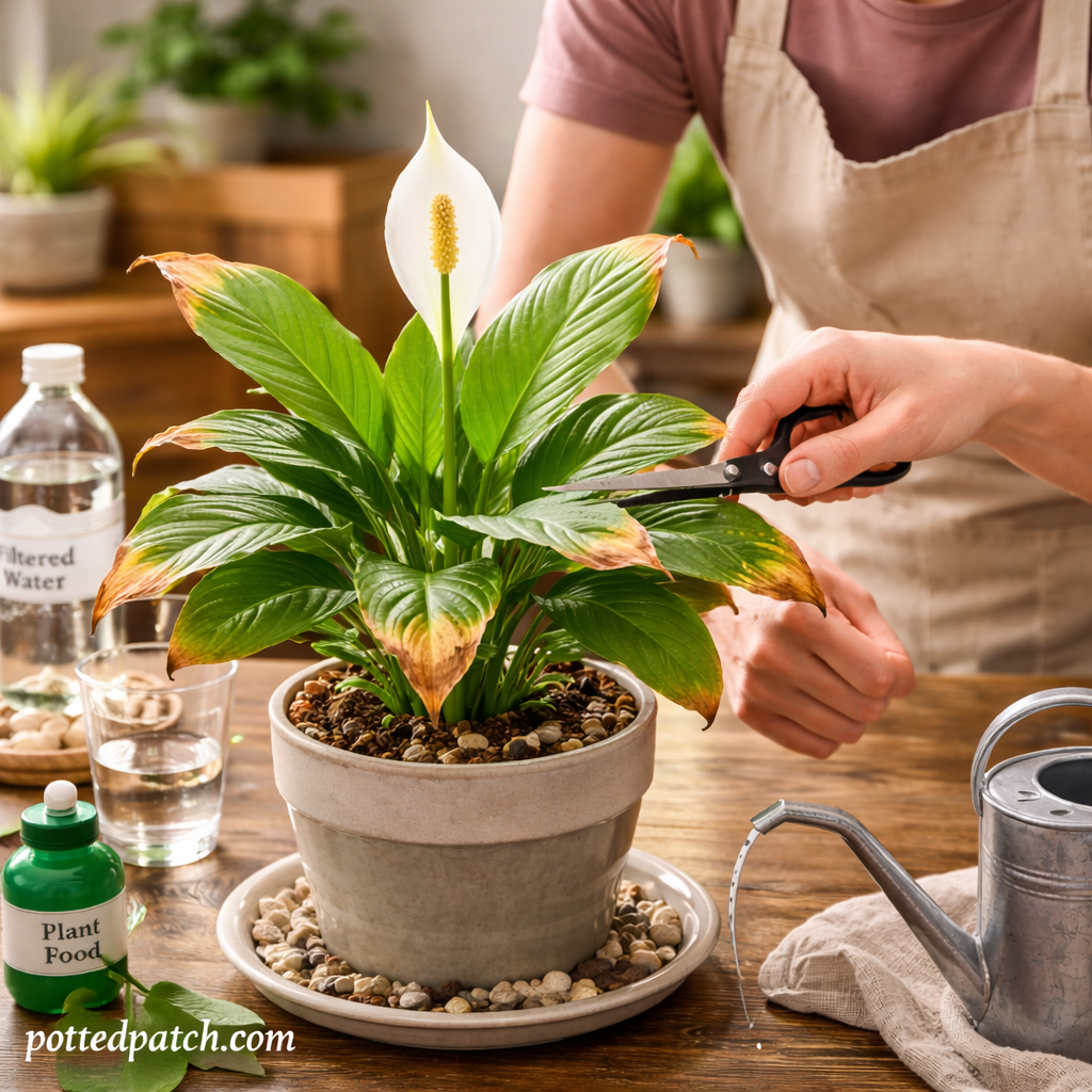 Person trimming brown tips from peace lily leaves with scissors indoors.