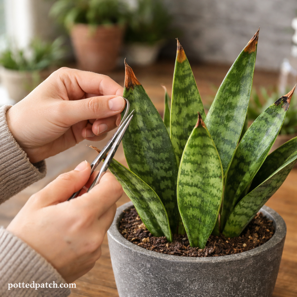 Person trimming brown tips from a snake plant to improve appearance and prevent further stress.