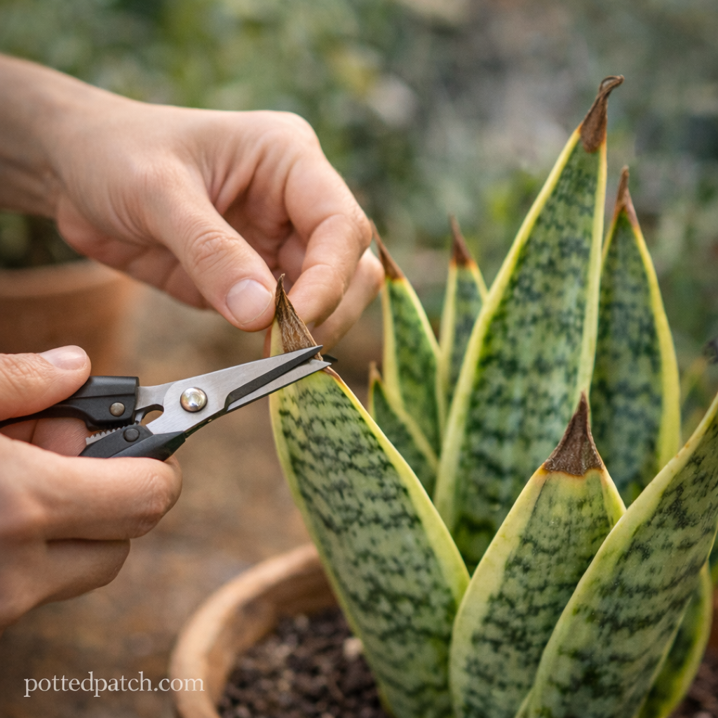 Person trimming brown tips from a snake plant leaf to improve plant health indoors.