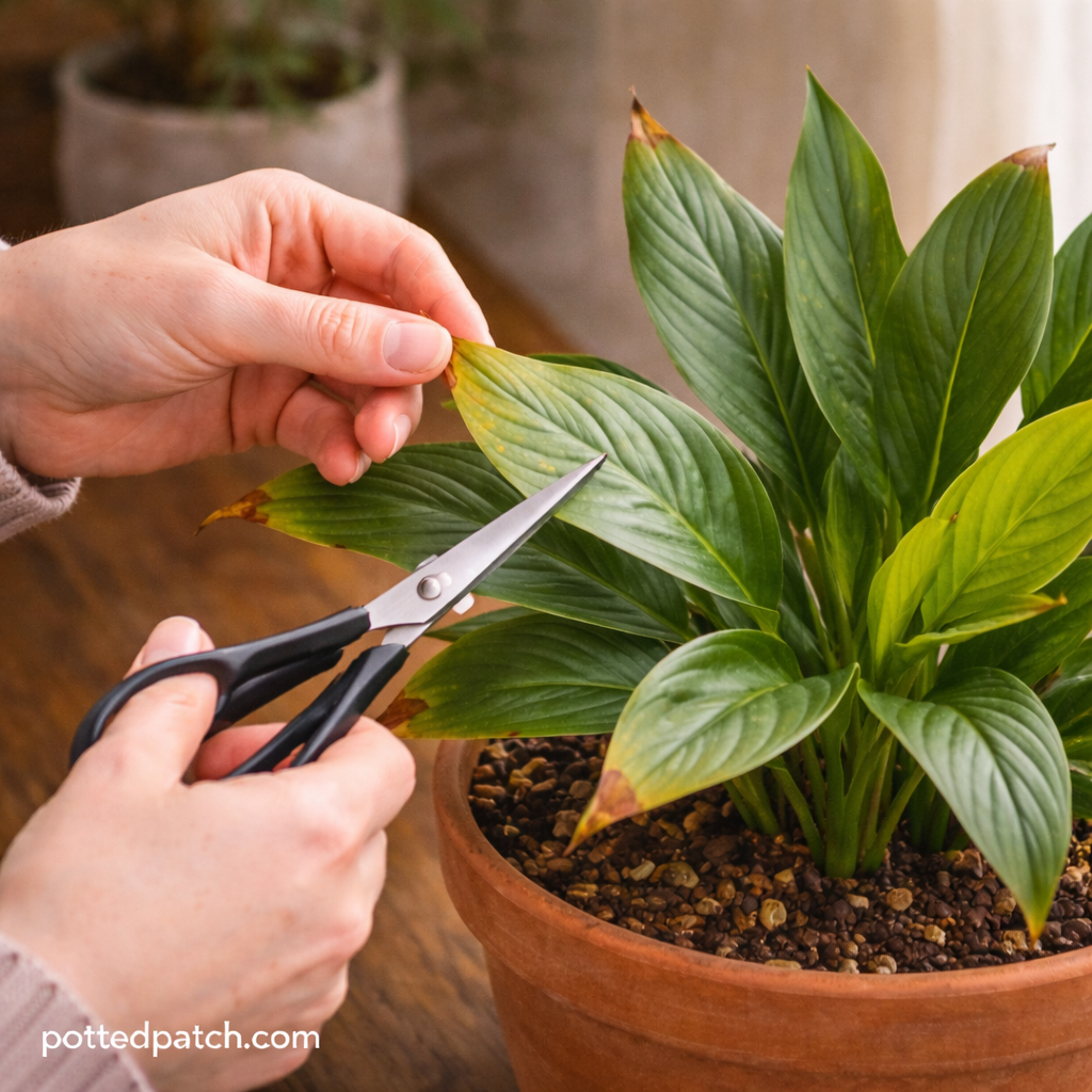 Person trimming brown tips from a peace lily leaf with scissors in a terracotta pot indoors with pottedpatch.com watermark.