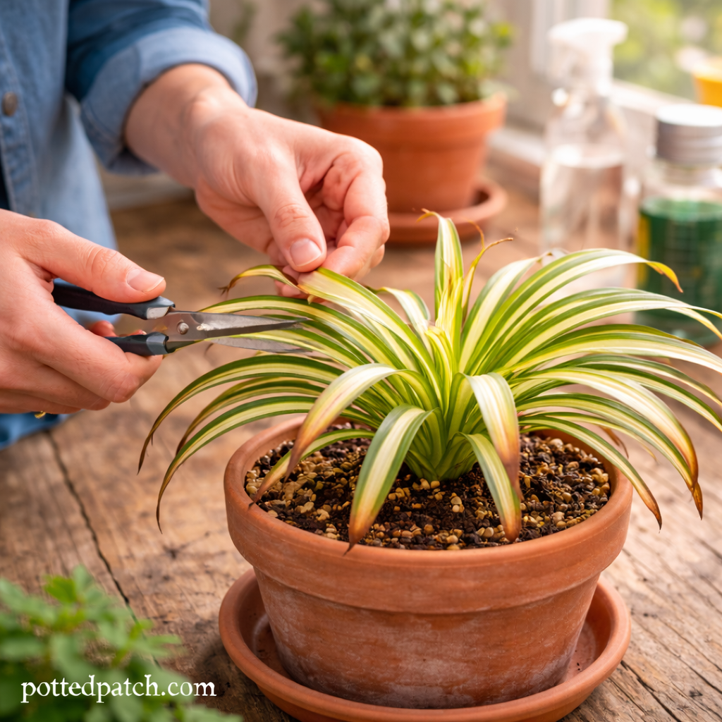 Person trimming brown leaf tips from a spider plant with clean scissors indoors.