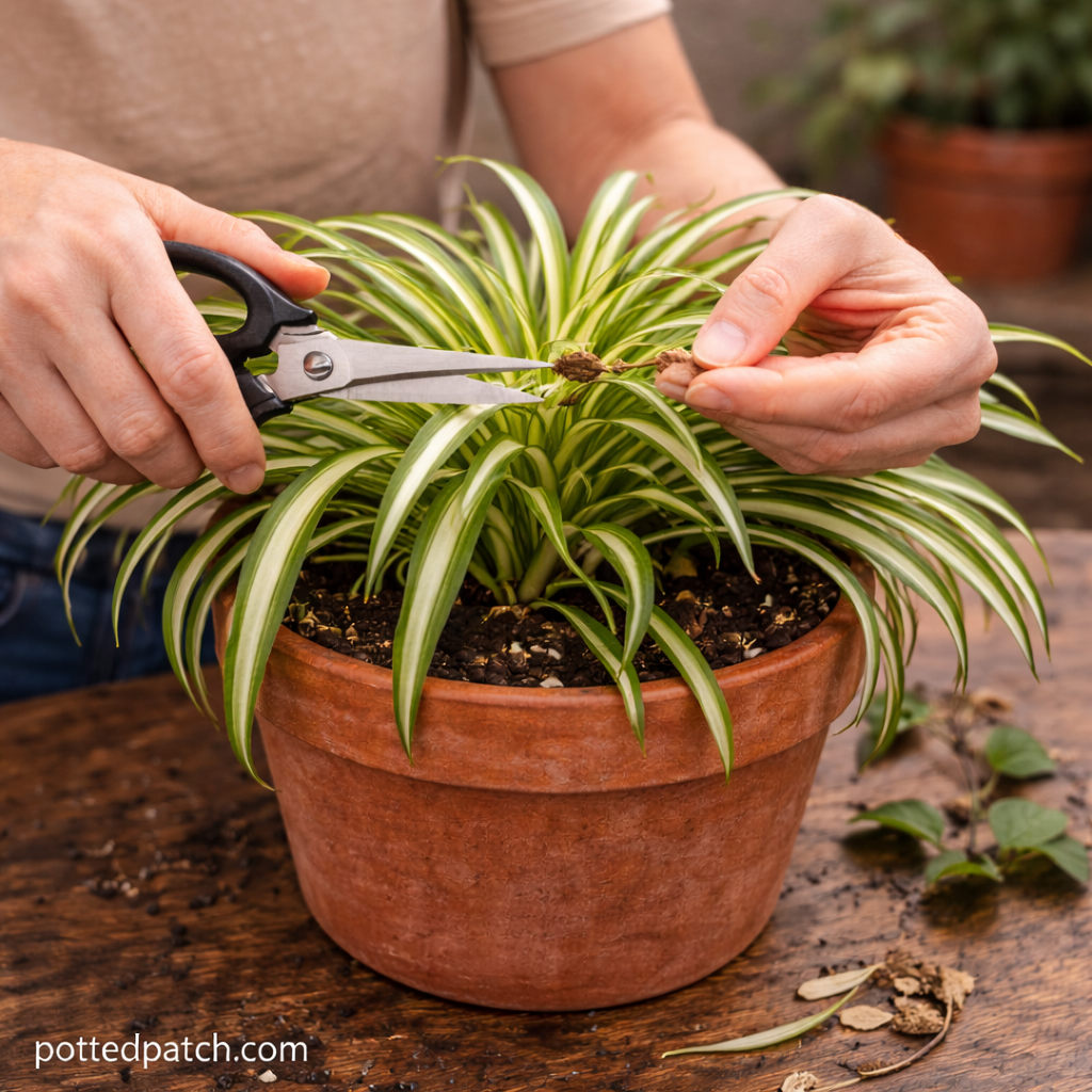 Person using scissors to trim brown tips from a spider plant in a terracotta pot indoors.