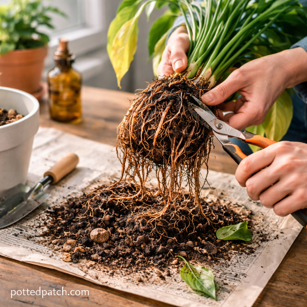 Person trimming damaged peace lily roots to treat soft stems and root rot.