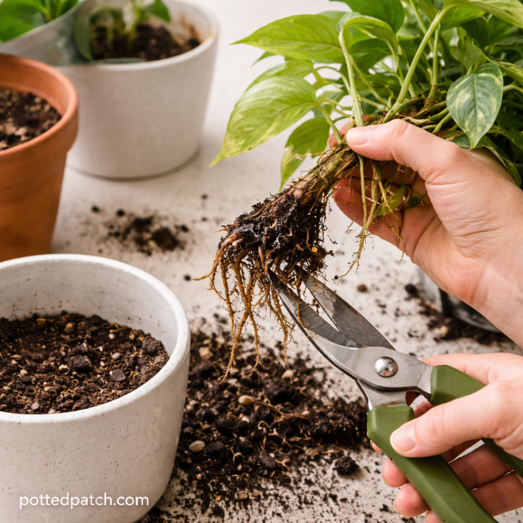 Hands trimming rotted roots from a pothos plant during repotting indoors.