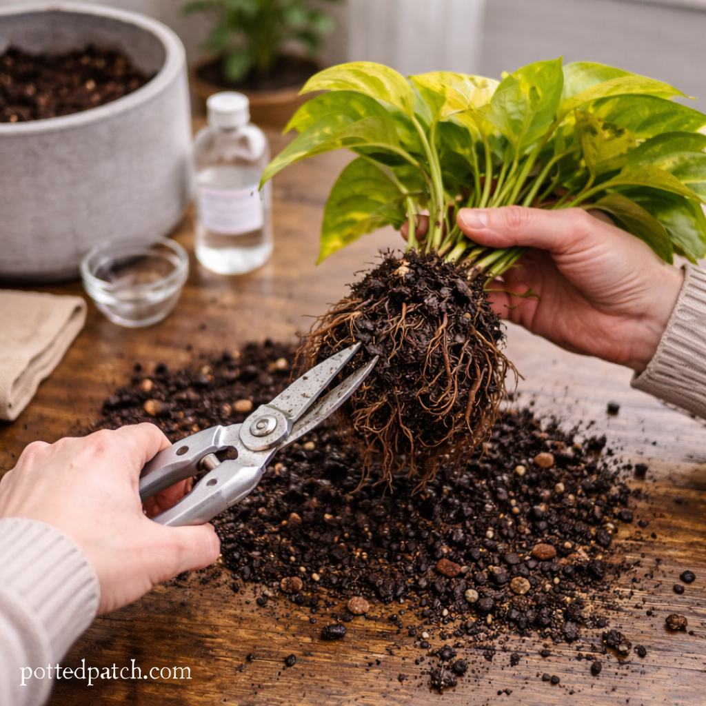 Person trimming rotted roots from a pothos plant during root rot treatment with pottedpatch.com watermark.