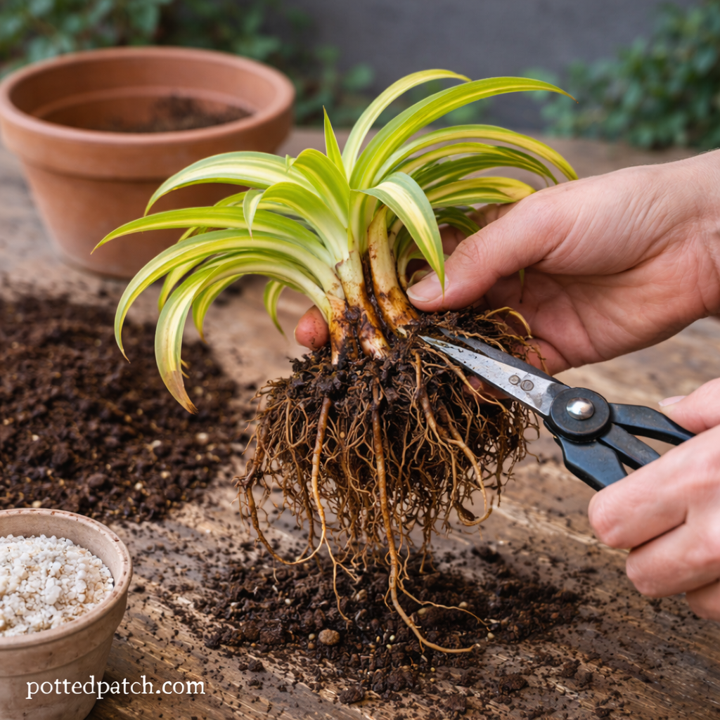 Person trimming rotted roots from a spider plant before repotting in fresh soil.