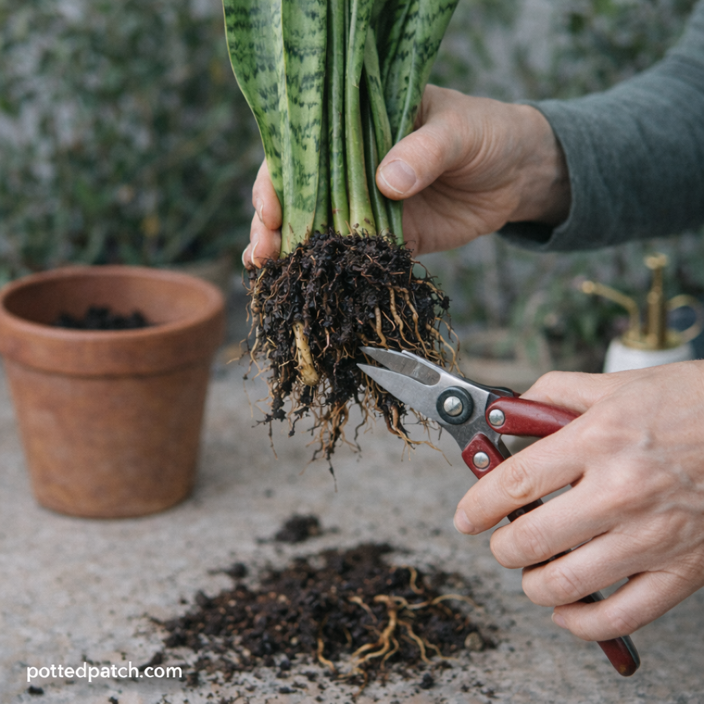 Person trimming rotted roots from a snake plant during root rot treatment.