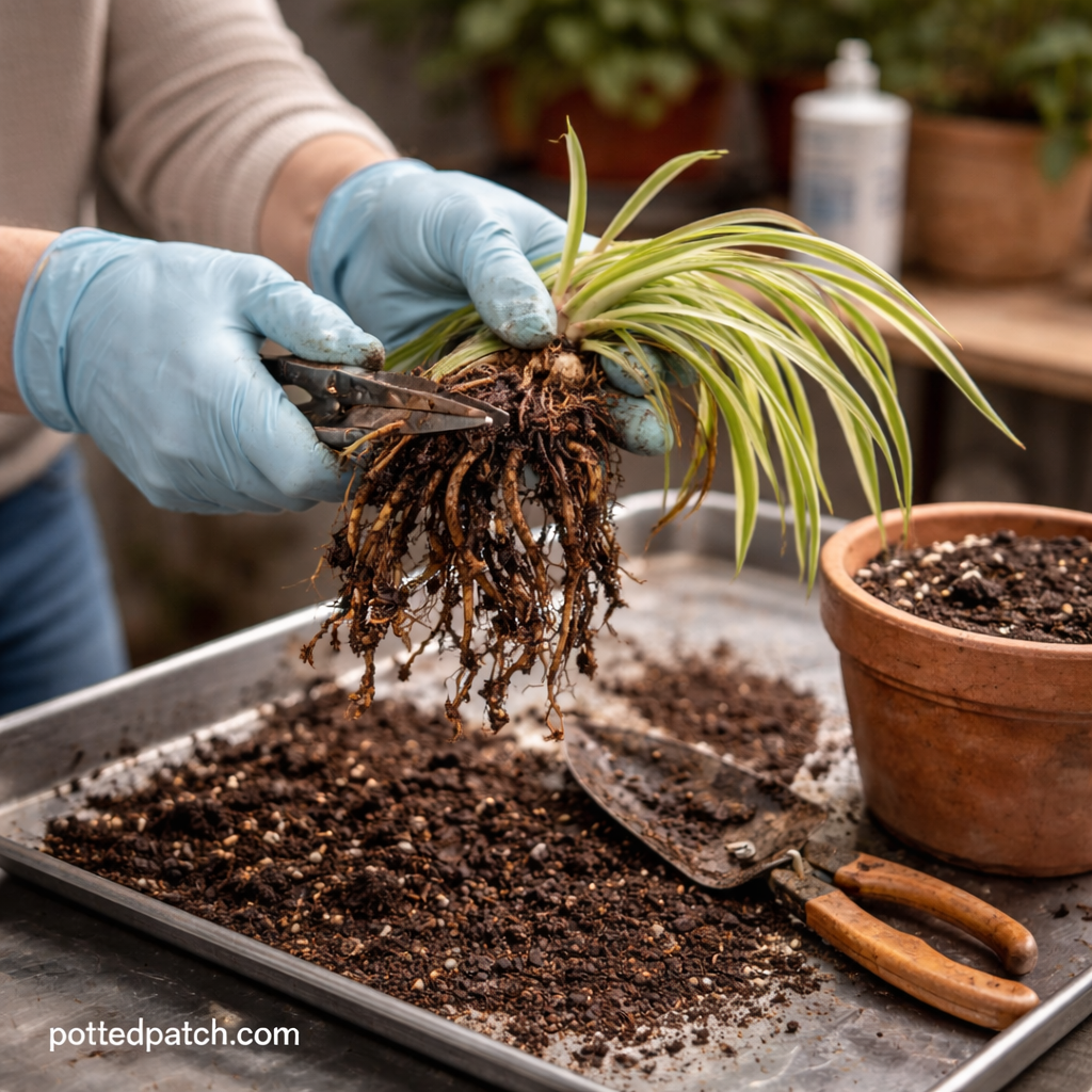 Person trimming rotted roots from a spider plant during root rot treatment indoors.