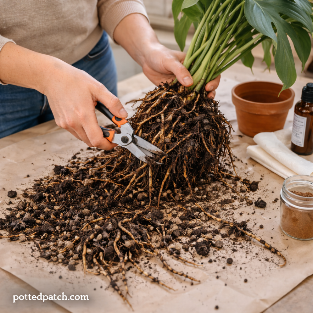 Person trimming rotten roots from a Monstera plant to treat root rot before repotting.
