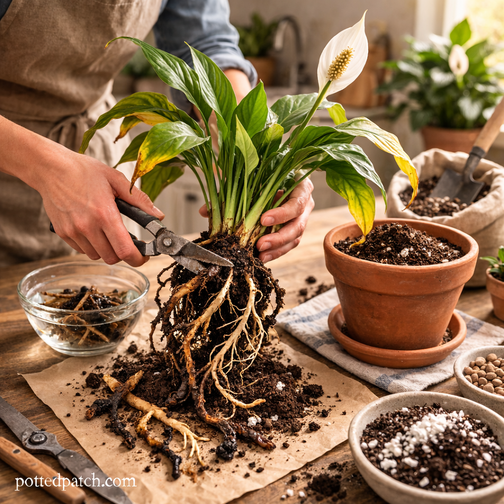 Person trimming rotten roots from a Peace Lily during repotting with pottedpatch.com watermark in the bottom left.