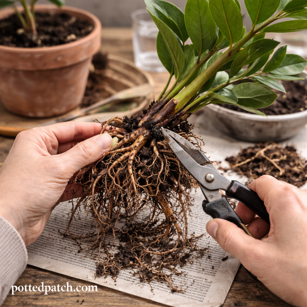 Person trimming rotting roots from a ZZ plant during root rot treatment indoors.