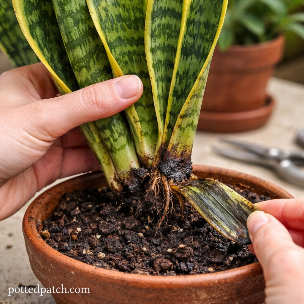 Person trimming a soft, rotting stem from a snake plant while inspecting roots in a terracotta pot, with pottedpatch.com watermark.