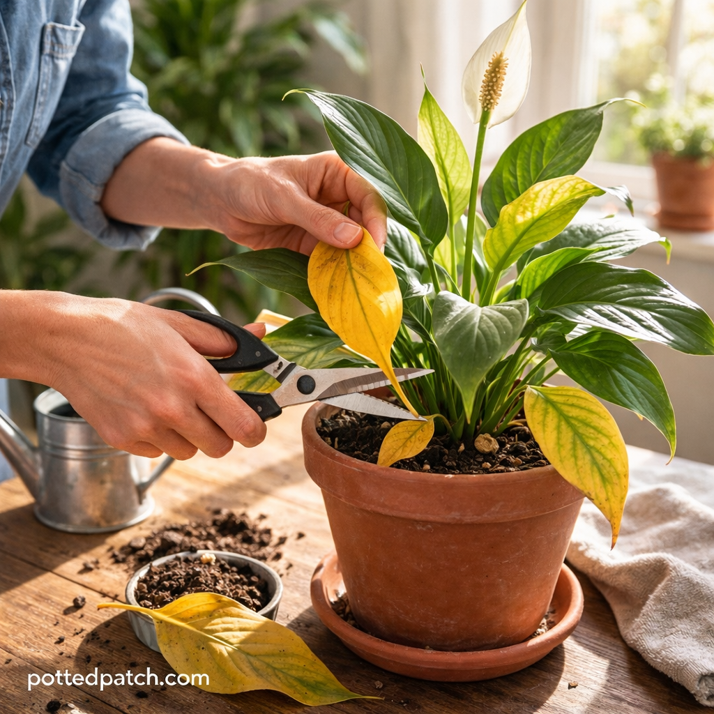 Person trimming yellow leaves from an indoor peace lily plant in a terracotta pot with pottedpatch.com watermark.