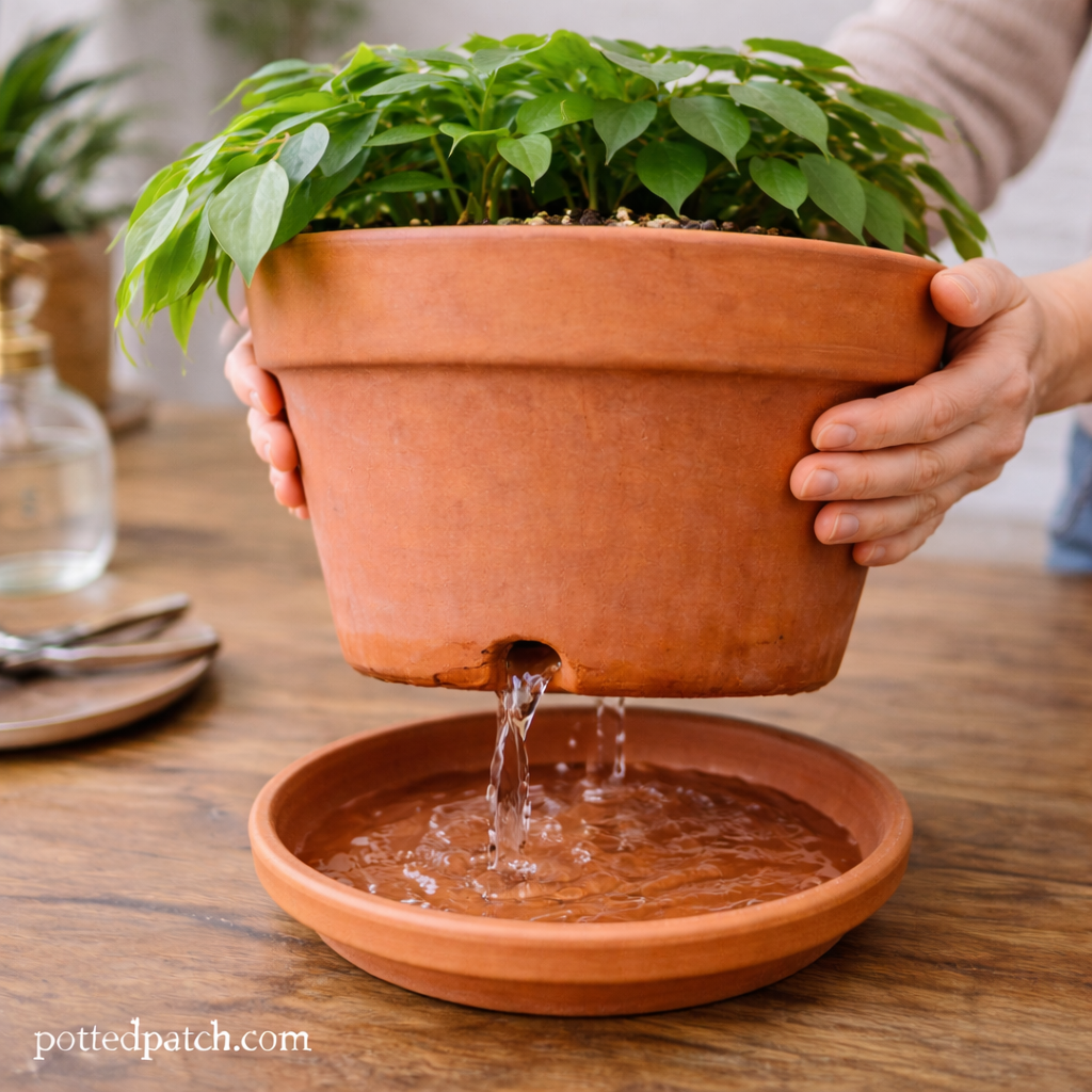 Water draining from the bottom hole of a terracotta philodendron pot into a saucer indoors.